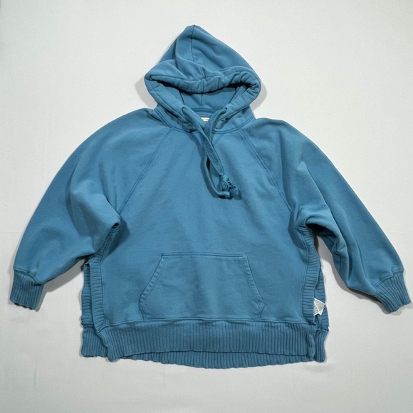 American Eagle Outfitters Tops - American Eagle Hoodie Oversized Ribbed Fleece Pullover Blue Split Hem Women L